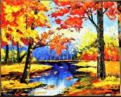 Quadros para Sala Pintura em Tela Paisagem Outono Lago Azul