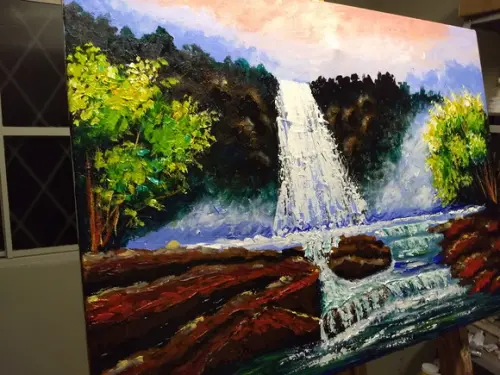 Quadros para Sala Pintura em Tela Paisagem Rio com Cachoeira
