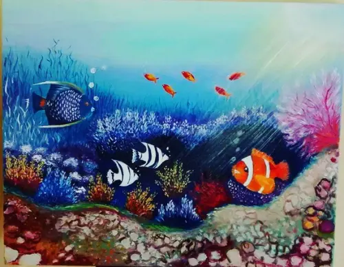 Quadros para Sala Pintura em Tela Peixes no Fundo do Mar