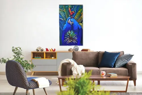 Quadros para Sala Pintura Tela Animais Passaros Araras Azuis