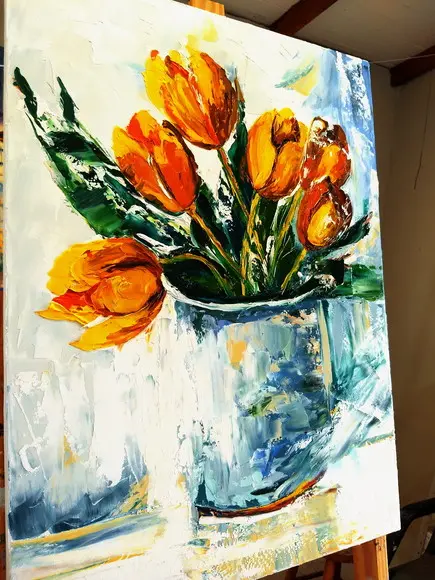 Quadros para Sala Pintura Tela Floral Tulipas Amarelas