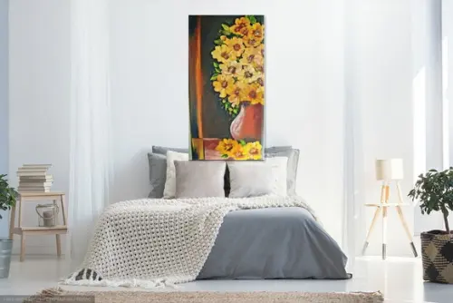 Quadros para Sala Pintura Tela Flores Amarelas Vaso de Barro