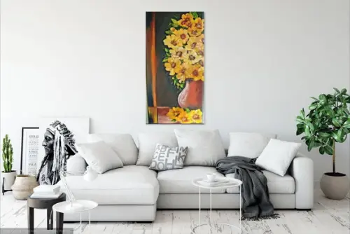 Quadros para Sala Pintura Tela Flores Amarelas Vaso de Barro
