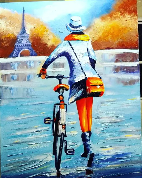Quadros para Sala Pintura Tela Mulher Bike Pedalar em París