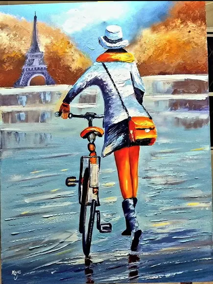 Quadros para Sala Pintura Tela Mulher Bike Pedalar em París