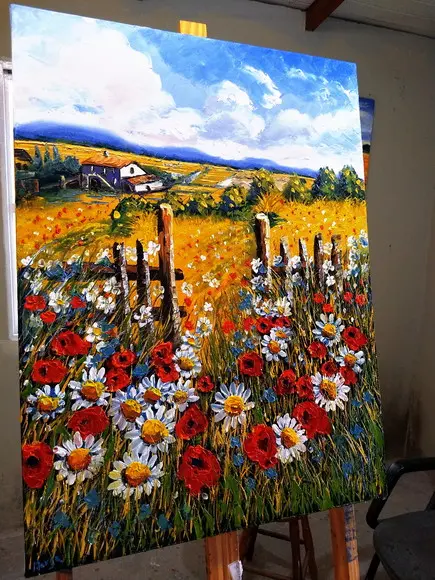 Quadros para Sala Pintura Tela Paisagem Campo de Margaridas