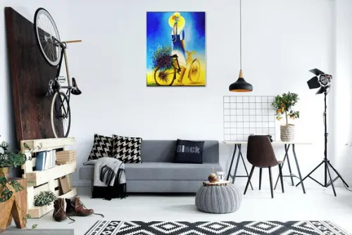 Quadros para Sala Pintura Tela Paisagem Esporte Bike Mulher