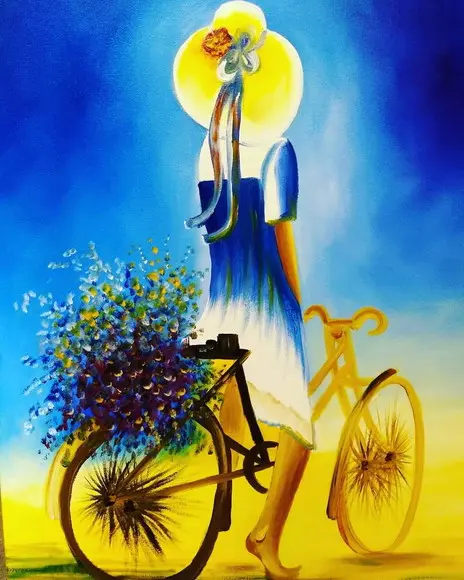 Quadros para Sala Pintura Tela Paisagem Esporte Bike Mulher