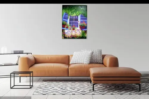 Quadros para Sala Pintura Tela Paisagem Flores na Janela