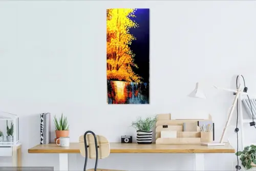 Quadros Pintura Árvore Amarela Reflexo na Água Black Friday