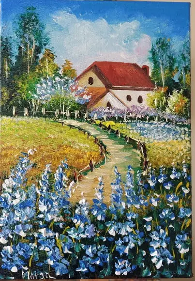 Quadros Pintura Casa no Campo de Flores Azuis Black Friday