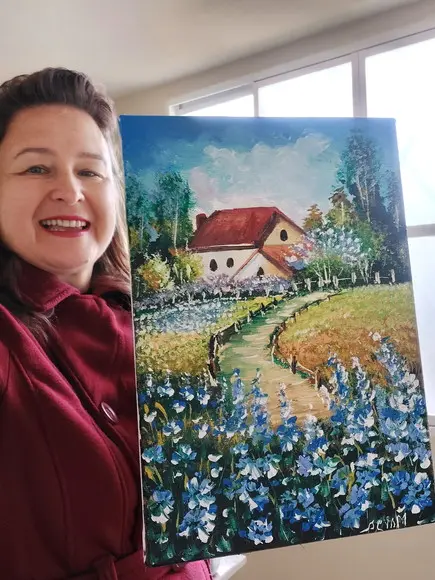 Quadros Pintura Casa no Campo de Flores Azuis Black Friday