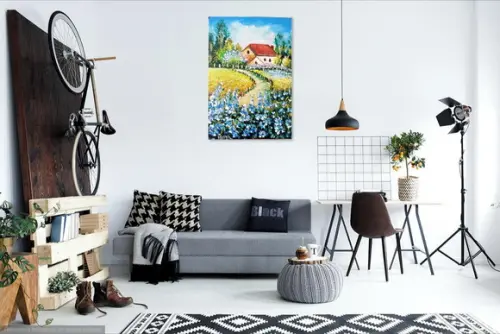 Quadros Pintura Casa no Campo de Flores Azuis Black Friday