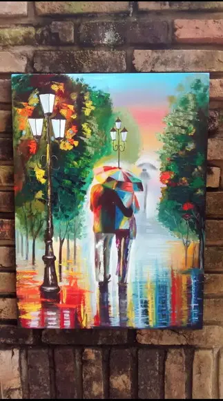Quadros Pintura em Tela Abstrato Moderno Love Casal na Chuva