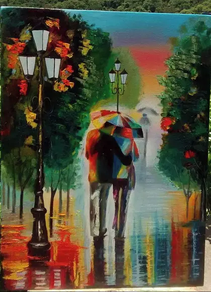 Quadros Pintura em Tela Abstrato Moderno Love Casal na Chuva