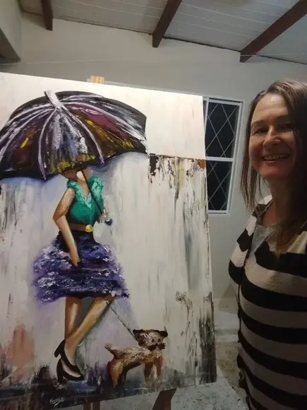 Quadros Pintura em Tela Abstrato Moderno Mulher Cão na Chuva