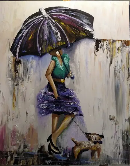 Quadros Pintura em Tela Abstrato Moderno Mulher Cão na Chuva