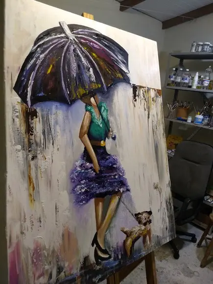 Quadros Pintura em Tela Abstrato Moderno Mulher Cão na Chuva