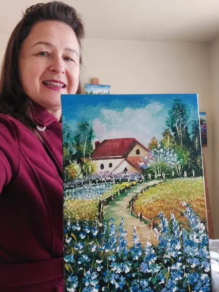 Quadros Pintura em Tela Casa no Campo de Flores Azuis