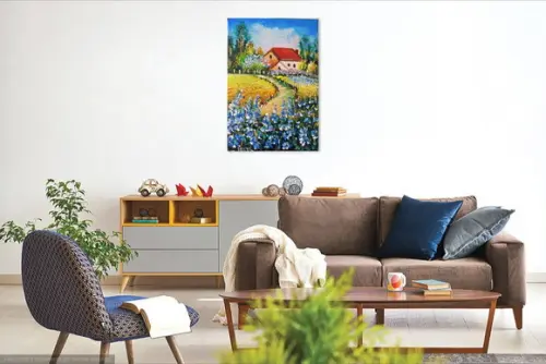Quadros Pintura em Tela Casa no Campo de Flores Azuis