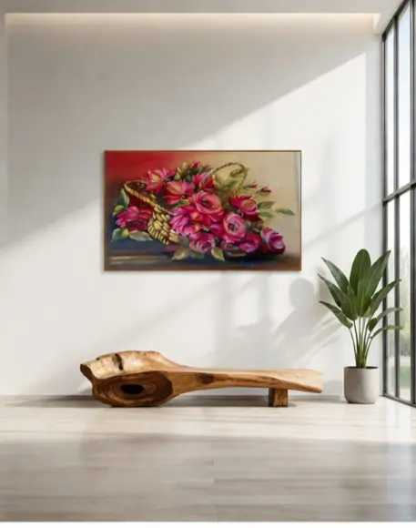 Quadros Pintura em Tela Floral Cesta de Rosas Vermelhas