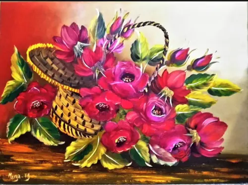 Quadros Pintura em Tela Floral Cesta de Rosas Vermelhas