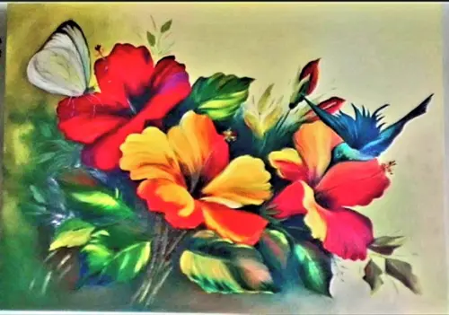 Quadros Pintura em Tela Floral Hibiscus Beija Flor Borboleta