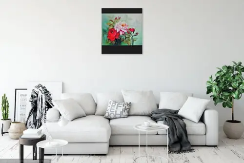Quadros Pintura em Tela Floral Roseira Vermelhas e Rosa