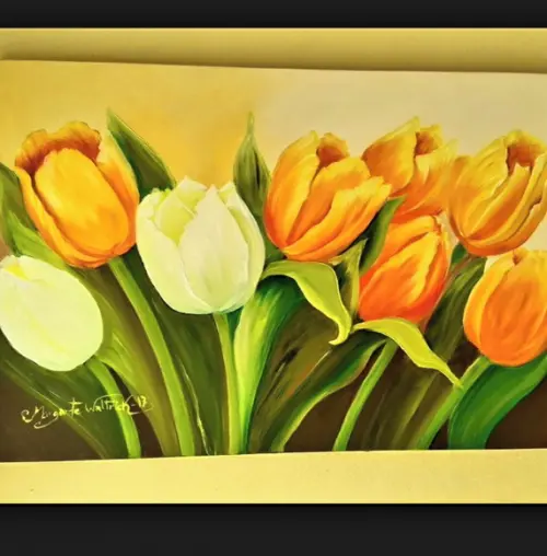 Quadros Pintura em Tela Floral Tulípas Amarelas Orvalho
