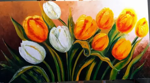 Quadros Pintura em Tela Floral Tulípas Amarelas Orvalho