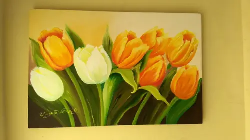 Quadros Pintura em Tela Floral Tulípas Amarelas Orvalho