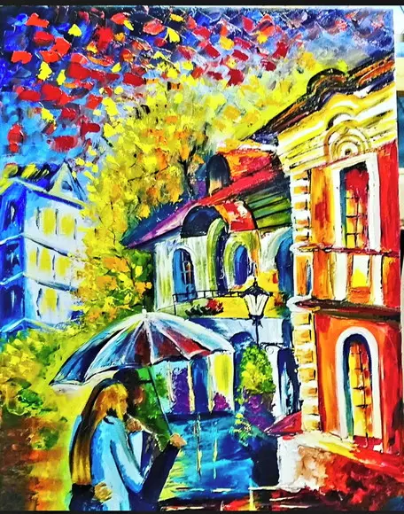Quadros Pintura em Tela Love Casal Debaixo do Guarda Chuvas