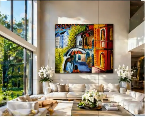 Quadros Pintura em Tela Love Casal Debaixo do Guarda Chuvas
