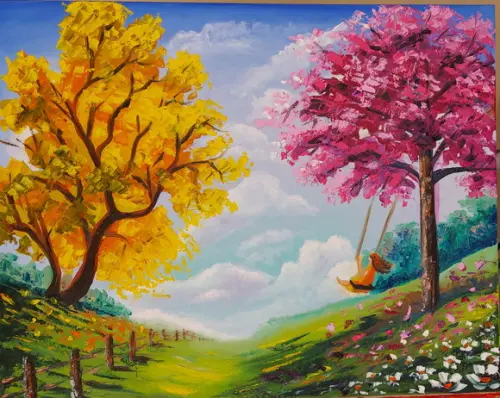 Quadros Pintura em Tela Paisagem Árvores Floridas