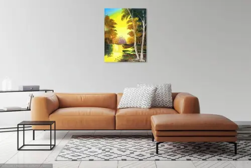 Quadros Pintura em Tela Paisagem Árvores Lago Dourado