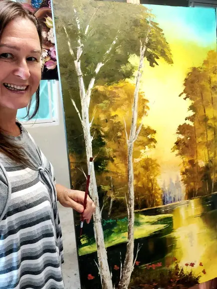 Quadros Pintura em Tela Paisagem Árvores Lago Dourado