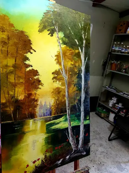 Quadros Pintura em Tela Paisagem Árvores Lago Dourado