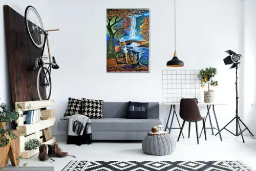 Quadros Pintura em Tela Paisagem Cachoeira Mulher Bike