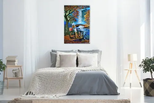 Quadros Pintura em Tela Paisagem Cachoeira Mulher Bike