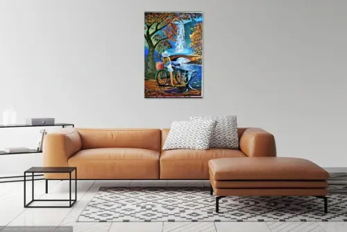 Quadros Pintura em Tela Paisagem Cachoeira Mulher Bike