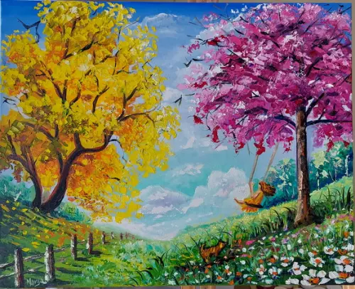 Quadros Pintura em Tela Paisagem Campo Árvores Floridas