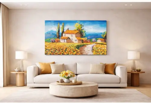 Quadros Pintura em Tela Paisagem Campo de Flores Amarelas
