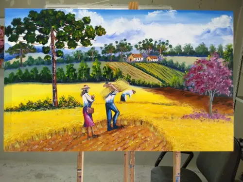 Quadros Pintura em Tela Paisagem Campo Colheita do Trigo