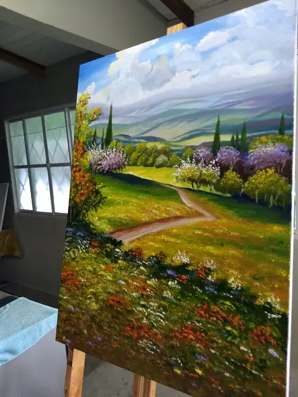 Quadros Pintura em Tela Paisagem Campo Florido Pessegueiro