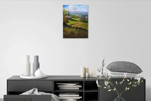 Quadros Pintura em Tela Paisagem Campo Florido Pessegueiro