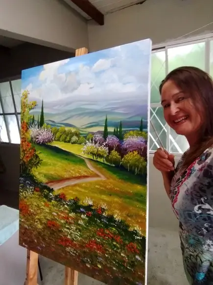 Quadros Pintura em Tela Paisagem Campo Florido Pessegueiro