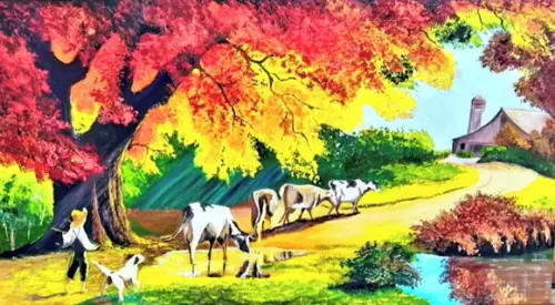Quadros Pintura em Tela Paisagem Campo Menino Cão Gado