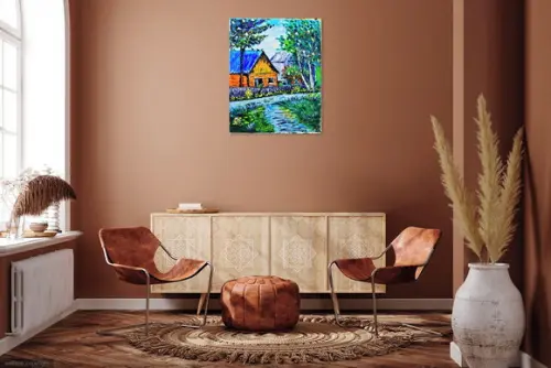 Quadros Pintura em Tela Paisagem Casa Caminho Passarinhos