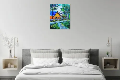Quadros Pintura em Tela Paisagem Casa Caminho Passarinhos