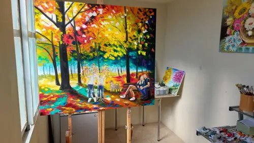 Quadros Pintura em Tela Paisagem Familia Crianças Brincando
